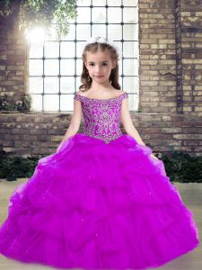 Sexy Purple Ball Gowns Off The Shoulder Sleeveless Beading and Ruffles Floor Length Lace Up Kids Pageant Dress