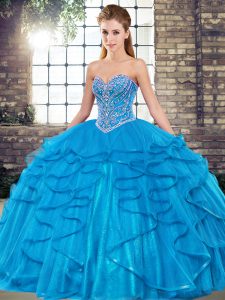 Suitable Sleeveless Tulle Floor Length Lace Up 15th Birthday Dress in Blue with Beading and Ruffles