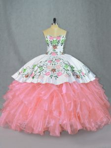 Sweetheart Sleeveless Organza Quinceanera Dress Embroidery and Ruffles Lace Up