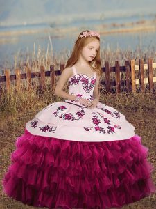 Custom Made Sleeveless Organza Floor Length Lace Up Pageant Dress for Teens in Fuchsia with Embroidery and Ruffles