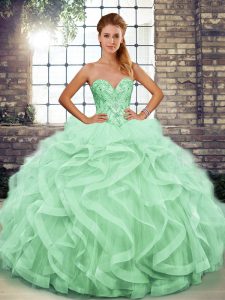 Apple Green Tulle Lace Up Sweetheart Sleeveless Floor Length 15 Quinceanera Dress Beading and Ruffles