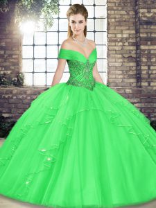 Green Tulle Lace Up Off The Shoulder Sleeveless Floor Length Ball Gown Prom Dress Beading and Ruffles