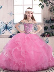 Fashionable Tulle Sleeveless Floor Length Little Girls Pageant Dress Wholesale and Beading