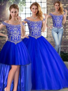 Royal Blue Three Pieces Off The Shoulder Sleeveless Tulle Brush Train Lace Up Beading Sweet 16 Quinceanera Dress