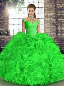 Stylish Green Lace Up Off The Shoulder Beading and Ruffles Sweet 16 Quinceanera Dress Organza Sleeveless