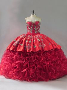 Romantic Lace Up Quinceanera Gowns Red for Sweet 16 and Quinceanera with Embroidery Brush Train