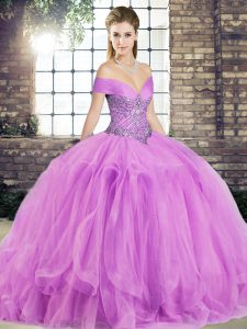 Lilac Sleeveless Floor Length Beading and Ruffles Lace Up Ball Gown Prom Dress