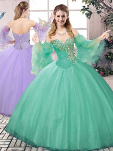Floor Length Lace Up Quinceanera Dresses Apple Green for Sweet 16 and Quinceanera with Beading