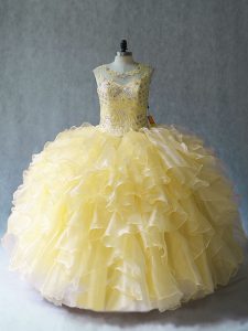 Sophisticated Yellow Ball Gowns Organza Scoop Sleeveless Beading and Ruffles Floor Length Lace Up Quinceanera Dress