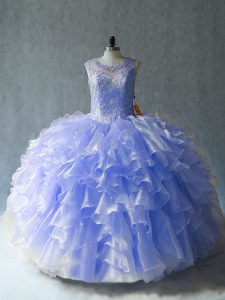 Dynamic Sleeveless Floor Length Beading and Ruffles Lace Up Quinceanera Dress with Lavender