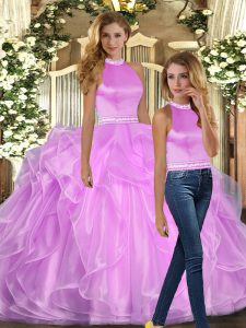 Adorable Lilac Two Pieces Beading and Ruffles Quinceanera Dresses Backless Organza Sleeveless Floor Length