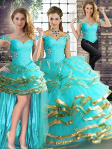 Enchanting Aqua Blue Off The Shoulder Lace Up Beading and Ruffled Layers Vestidos de Quinceanera Sleeveless