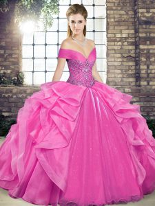 Inexpensive Ball Gowns 15 Quinceanera Dress Rose Pink Off The Shoulder Organza Sleeveless Floor Length Lace Up