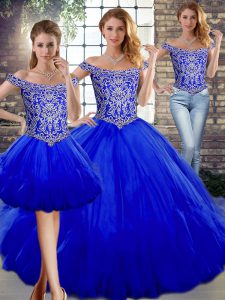 Sleeveless Tulle Floor Length Lace Up Quinceanera Dresses in Royal Blue with Beading and Ruffles