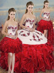 Dazzling White And Red Sleeveless Organza Lace Up Sweet 16 Dresses for Military Ball and Sweet 16 and Quinceanera