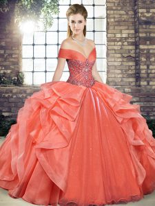 Enchanting Orange Red Ball Gowns Beading and Ruffles Quinceanera Gowns Lace Up Organza Sleeveless Floor Length
