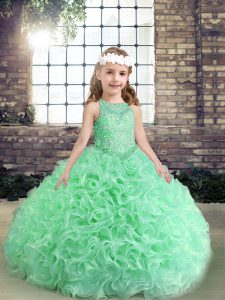 Apple Green Organza Lace Up Scoop Sleeveless Floor Length Custom Made Pageant Dress Beading and Ruffles