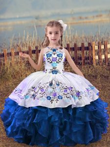 Scoop Sleeveless Organza Winning Pageant Gowns Embroidery and Ruffles Lace Up