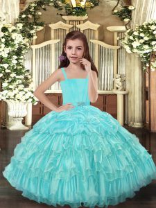 Aqua Blue Lace Up Straps Ruffled Layers Little Girls Pageant Gowns Organza Sleeveless
