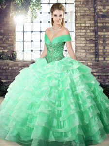 Affordable Lace Up Sweet 16 Quinceanera Dress Apple Green for Military Ball and Sweet 16 and Quinceanera with Beading and Ruffled Layers Brush Train
