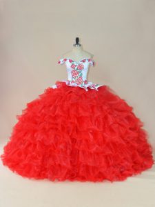 White And Red Ball Gowns Embroidery and Ruffles Vestidos de Quinceanera Lace Up Organza Sleeveless