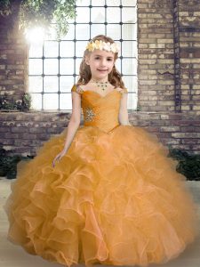 Top Selling Orange Straps Lace Up Beading and Ruffles Pageant Gowns Sleeveless