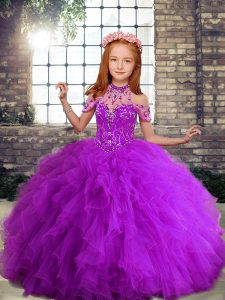Noble Purple Ball Gowns Beading and Ruffles Little Girl Pageant Gowns Lace Up Tulle Sleeveless Floor Length