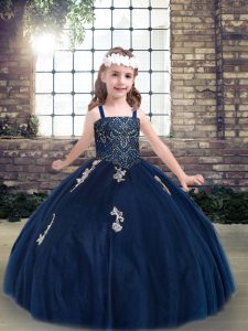 Fancy Sleeveless Tulle Floor Length Lace Up Pageant Dress for Girls in Navy Blue with Appliques