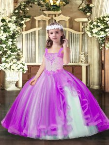 Pretty Lilac Sleeveless Beading Floor Length Little Girls Pageant Dress