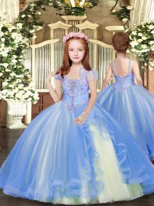 Straps Sleeveless Lace Up Little Girl Pageant Dress Blue Tulle