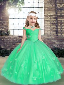 Sexy Straps Sleeveless Pageant Dresses Floor Length Beading and Hand Made Flower Green Tulle