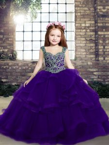 Graceful Purple Sleeveless Tulle Lace Up Pageant Gowns For Girls for Party and Wedding Party