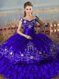 Shining Satin and Organza Off The Shoulder Sleeveless Lace Up Embroidery and Ruffled Layers Quinceanera Gowns in Purple