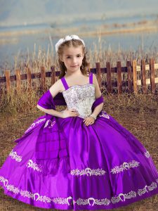 Purple Ball Gowns Straps Sleeveless Satin Floor Length Lace Up Beading and Embroidery Girls Pageant Dresses