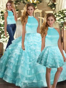 Ruffled Layers Quinceanera Dresses Aqua Blue Backless Sleeveless Floor Length