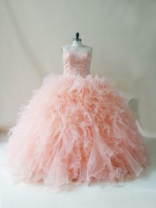 Floor Length Peach Sweet 16 Quinceanera Dress Scoop Sleeveless Lace Up