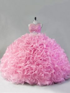 Romantic Pink Zipper Quince Ball Gowns Beading Sleeveless Floor Length