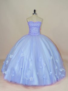 Floor Length Side Zipper Quinceanera Dresses Lavender for Sweet 16 and Quinceanera with Beading and Hand Made Flower