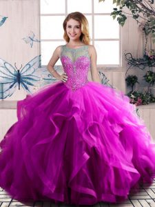 Traditional Floor Length Lace Up Quinceanera Gowns Purple for Sweet 16 and Quinceanera with Beading and Ruffles