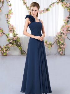 Navy Blue Lace Up Dama Dress for Quinceanera Hand Made Flower Sleeveless Floor Length