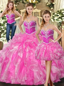 Customized Rose Pink Organza Lace Up Sweetheart Sleeveless Floor Length Quinceanera Gown Beading and Ruffles