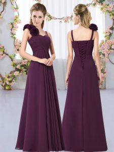 Dark Purple Damas Dress Wedding Party with Hand Made Flower Straps Sleeveless Lace Up
