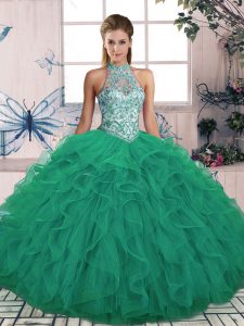 High Class Turquoise Sleeveless Floor Length Beading and Ruffles Lace Up 15th Birthday Dress