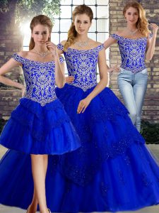 High Class Lace Up Sweet 16 Dresses Royal Blue for Military Ball and Sweet 16 and Quinceanera with Beading and Lace Brush Train