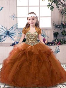 Classical Sleeveless Floor Length Beading and Ruffles Lace Up Kids Formal Wear with Rust Red