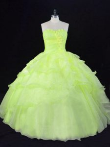 Yellow Green Ball Gowns Sweetheart Sleeveless Organza Floor Length Lace Up Ruffles and Hand Made Flower Ball Gown Prom Dress
