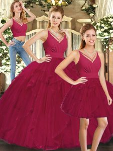 Ideal V-neck Sleeveless Lace Up 15 Quinceanera Dress Red Tulle