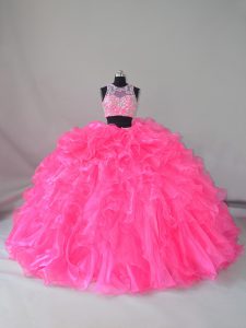 Fantastic Scoop Sleeveless Quinceanera Dresses Court Train Beading and Ruffles Hot Pink Organza