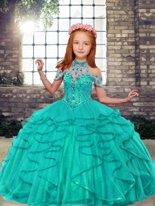 Turquoise Tulle Lace Up High-neck Sleeveless Floor Length Kids Pageant Dress Beading and Ruffles