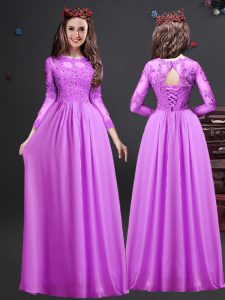 Fantastic Lilac Chiffon Lace Up Scoop Long Sleeves Floor Length Quinceanera Dama Dress Appliques